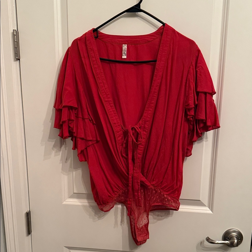 Ruffle Sleeve Tie-Front Bodysuit Blouse in Red/Orange